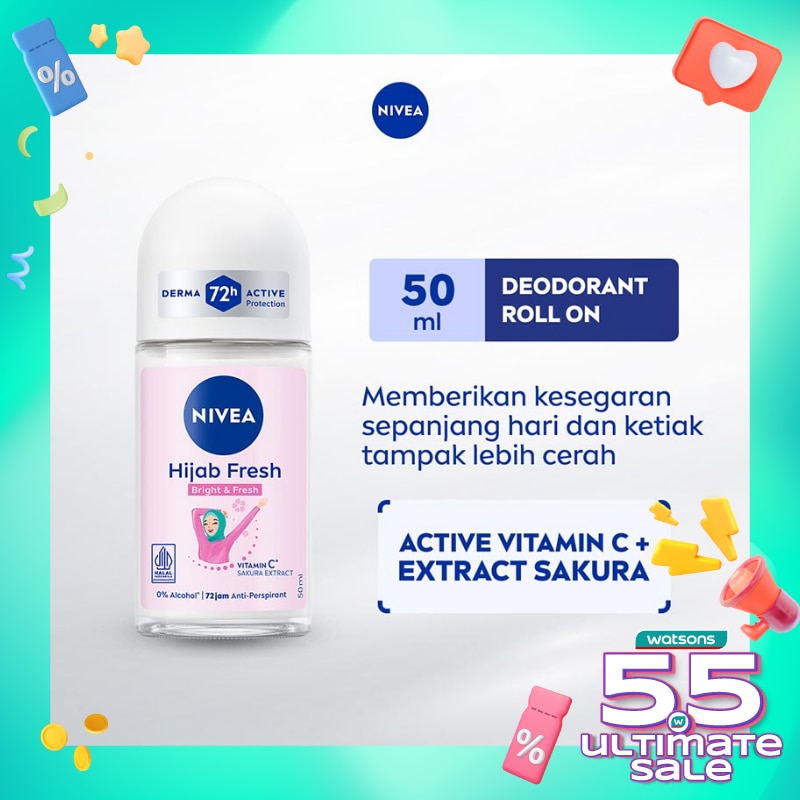 Promo Harga Nivea Deo Roll On Whitening Hijab Fresh 50 ml - Watsons