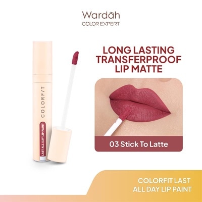 WARDAH Colorfit Last All Day Lip Paint 03 Stick to Latte 4g - Tahan Lama Hingga 12 Jam - Transferproof dengan One Swipe Coverage - Warna Intense