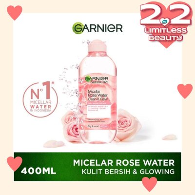 GARNIER Micellar Rose Water Clean & Glow Skin Care - 400 ml (Pembersih Wajah Untuk Kulit Glowing)