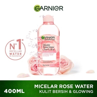 GARNIER Micellar Rose Water Clean & Glow Skin Care - 400 ml (Pembersih Wajah Untuk Kulit Glowing)