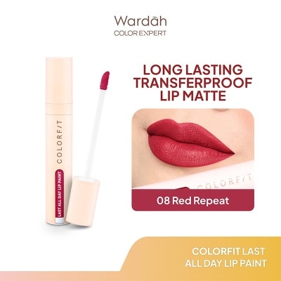 WARDAH Colorfit Last All Day Lip Paint 08 Red Repeat 4g - Tahan Lama Hingga 12 Jam - Transferproof dengan One Swipe Coverage - Warna Intense