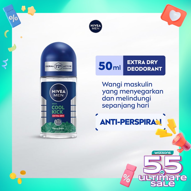Promo Harga Nivea Men Deo Roll On Cool Kick Freezy Green 50 gr - Watsons