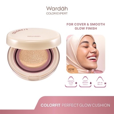 WARDAH Colorfit Perfect Glow Cushion 23W Warm Ivory 15g - Tahan Lama Hingga 12 Jam Dilengkapi SPF 33 PA+++ - Hasil Akhir Glowing dan Menyatu Dengan Warna Kulit - High Coverage
