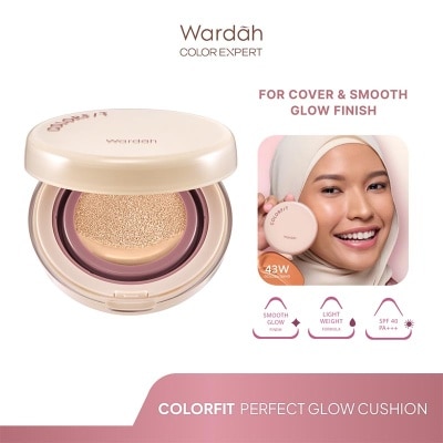 WARDAH Colorfit Perfect Glow Cushion 43W Golden Sand 15g - Tahan Lama Hingga 12 Jam Dilengkapi SPF 33 PA+++ - Hasil Akhir Glowing dan Menyatu Dengan Warna Kulit - High Coverage