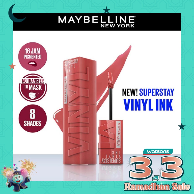 MAYBELLINE Superstay Vinyl Ink Tint 15 Peachy - LipTint Transferproof &. Tahan Lama 16 Jam
