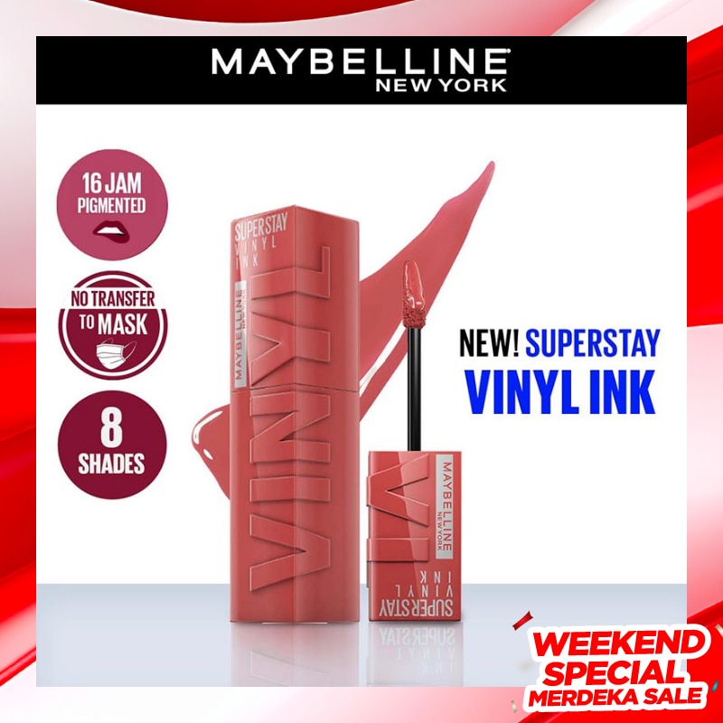 MAYBELLINE Superstay Vinyl Ink Tint 15 Peachy - LipTint Transferproof &. Tahan Lama 16 Jam