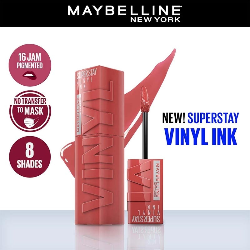 MAYBELLINE Superstay Vinyl Ink Tint 15 Peachy - LipTint Transferproof & Tahan Lama 16 Jam