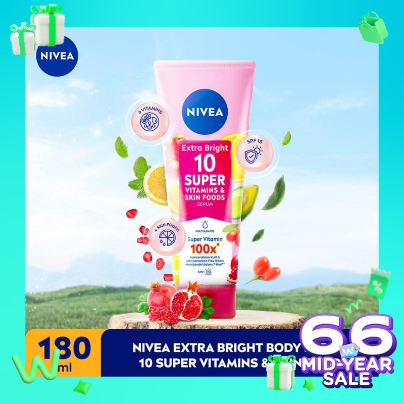 Promo Harga Nivea Extra Bright 10 Super Vitamins & Skin Food Serum 180 ml - Watsons