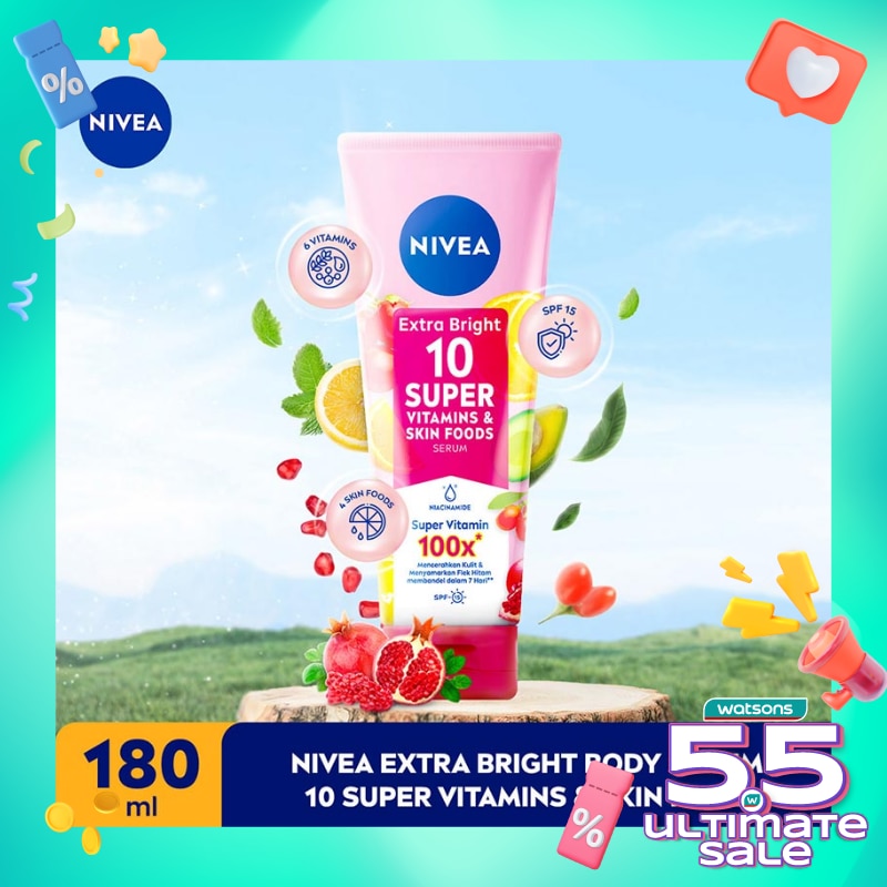Promo Harga Nivea Extra Bright 10 Super Vitamins & Skin Food Serum 180 ml - Watsons