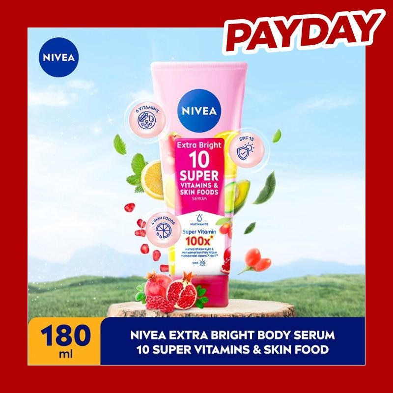 Promo Harga Nivea Extra Bright 10 Super Vitamins & Skin Food Serum 180 ml - Watsons