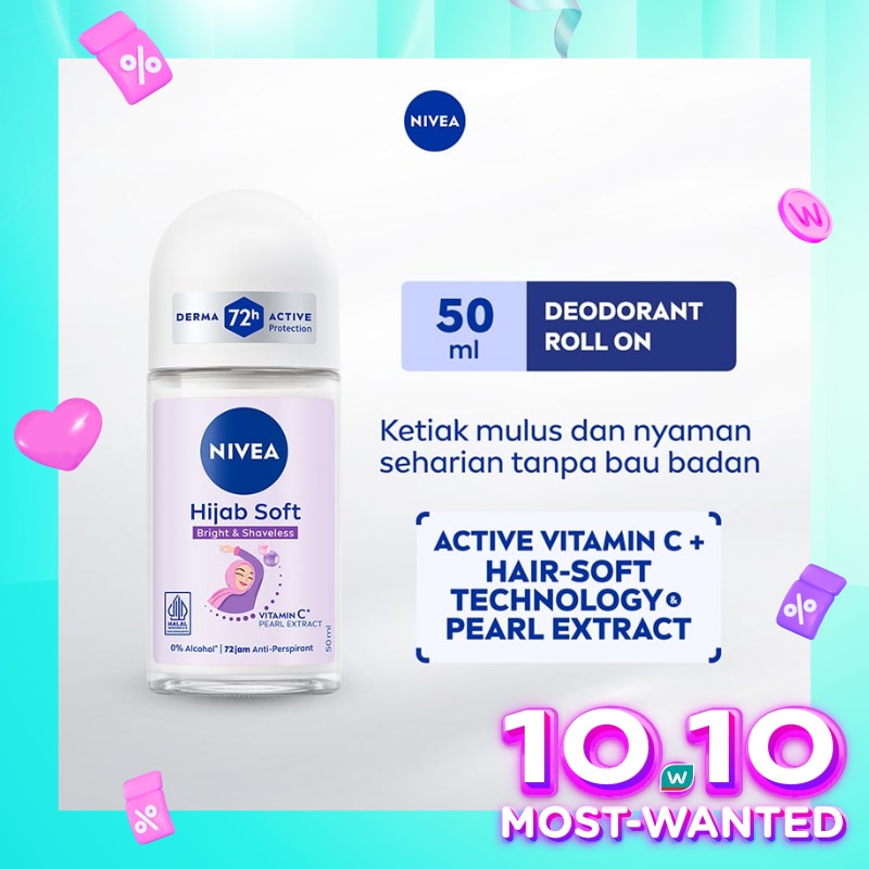 Promo Harga Nivea Deo Roll On Bright Hijab Soft 50 ml - Watsons
