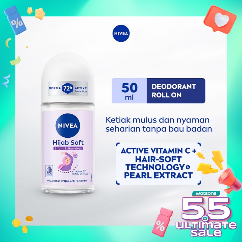 Promo Harga Nivea Deo Roll On Bright Hijab Soft 50 ml - Watsons