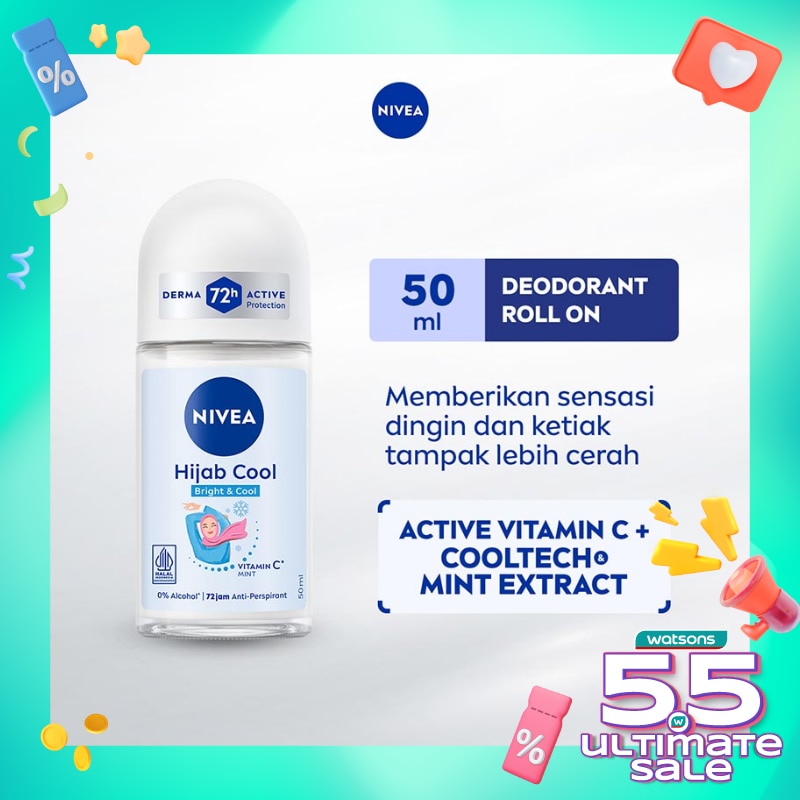 Promo Harga Nivea Deo Roll On Brightening Hijab Cool 50 ml - Watsons