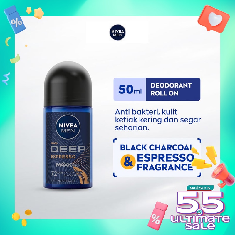 Promo Harga Nivea Men Deo Roll On Deep Black Charcoal Espresso 50 ml - Watsons