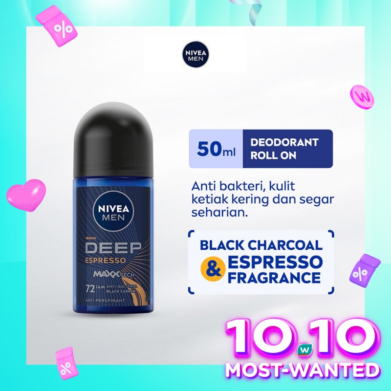 Promo Harga Nivea Men Deo Roll On Deep Black Charcoal Espresso 50 ml - Watsons