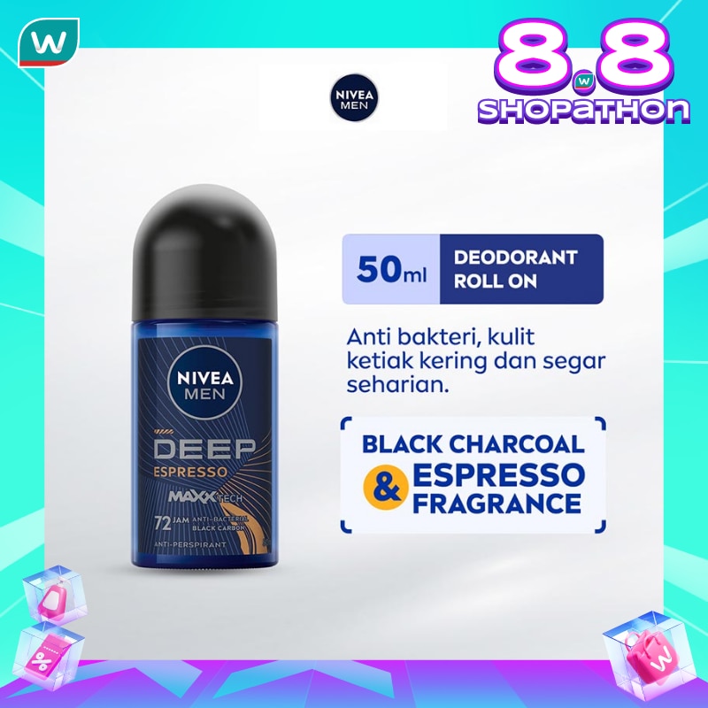 Promo Harga Nivea Men Deo Roll On Deep Black Charcoal Espresso 50 ml - Watsons