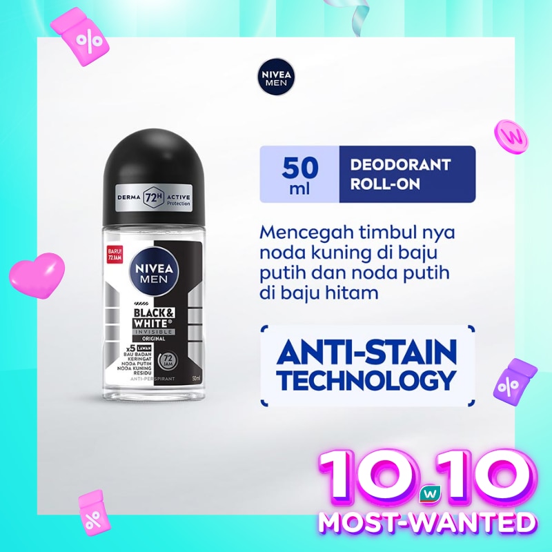 Promo Harga Nivea Men Deo Roll On Black & White Invisible Original 50 ml - Watsons