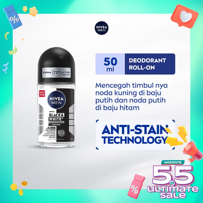 Promo Harga Nivea Men Deo Roll On Black & White Invisible Original 50 ml - Watsons
