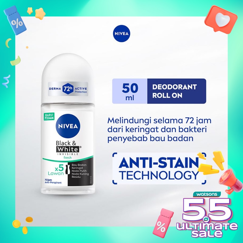 Promo Harga Nivea Deo Roll On Black & White Invisible Fresh 50 ml - Watsons