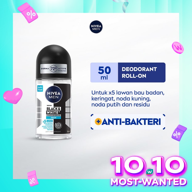Promo Harga Nivea Men Deo Roll On Black & White Invisible Fresh 50 ml - Watsons
