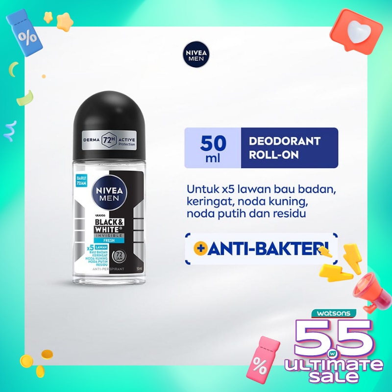 Promo Harga Nivea Men Deo Roll On Black & White Invisible Fresh 50 ml - Watsons
