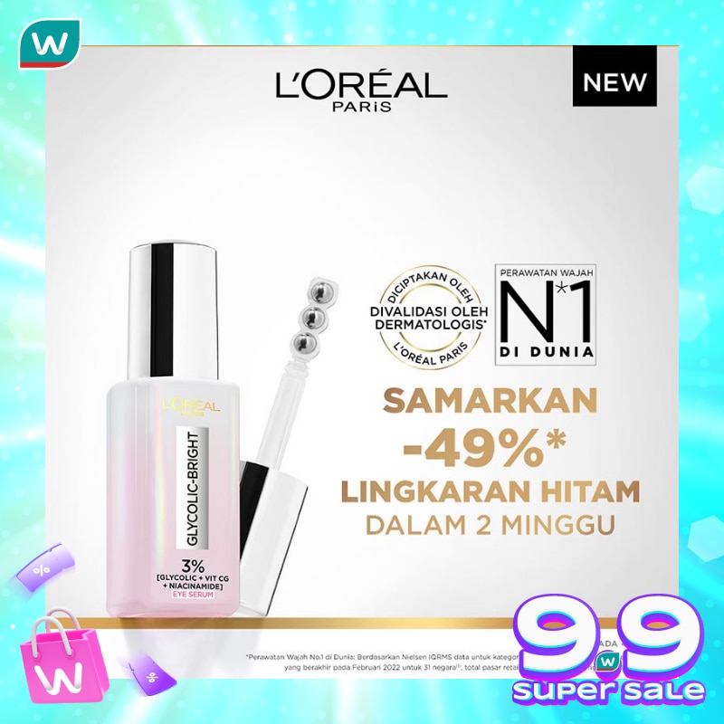L'Oreal Paris Glycolic Bright Dark Circle Eye Serum Menyamarkan Mata Panda Dengan 3%(Glycolic + Niacinamide + Vit Cg)