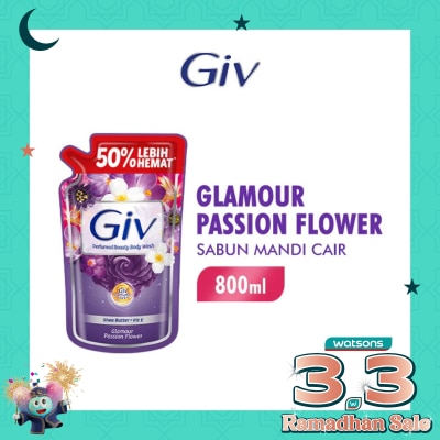 GIV Sabun Mandi Cair Ungu Passion Flowers & Sweet Berry Pouch 800ml