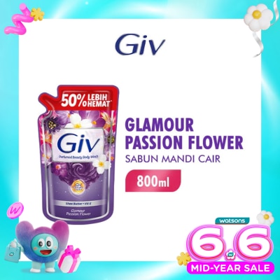 GIV - Sabun Mandi Cair Ungu Passion Flowers & Sweet Berry Pouch 800ml
