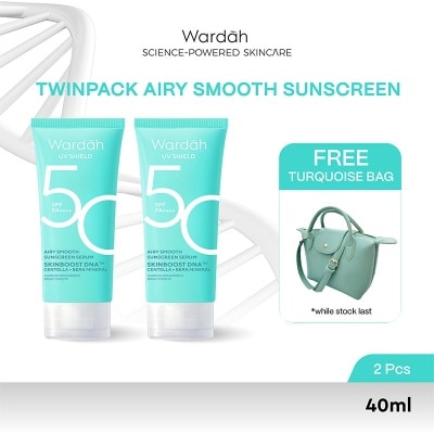 WARDAH Wardah UV Shield Airy Smooth Sunscreen Serum SPF50 25Ml x 2 + Turquoise Bag