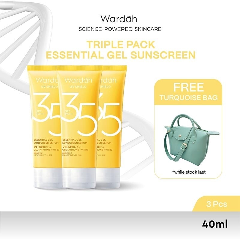 Wardah UV Shield Essential Gel Sunscreen Serum SPF 35 PA+++ 40 ML x 3 + Turquoise Bag