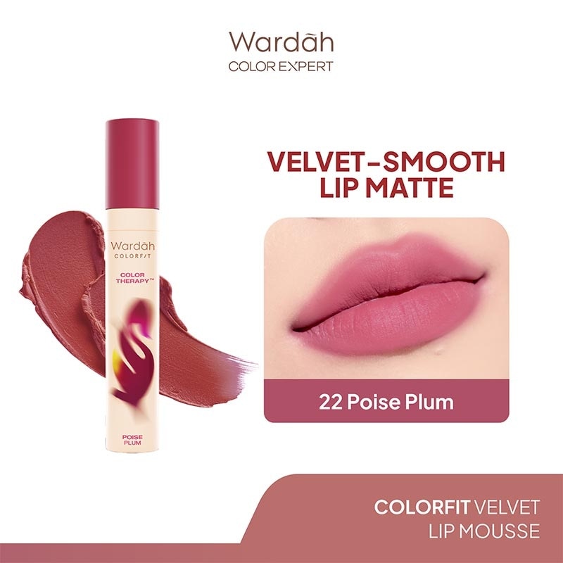 Colorfit Velvet Matte Lip Mousse Color Therapy 22 Poise Plum 4g - Lip Cream Tahan Lama - Hasil Matte dan Blurry Effect