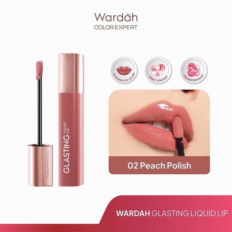 Glasting Liquid Lip 02 Peach Polish 3.5g - Hi-Pigmented Glass Color, Ringan, Tidak Lengket, Transferproof