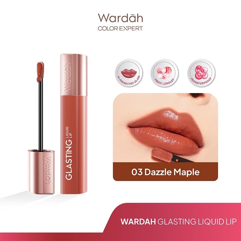 WARDAH Glasting Liquid Lip 03 Dazzle Mapple 3.5g - Hi-Pigmented Glass Color, Ringan, Tidak Lengket, Transferproof
