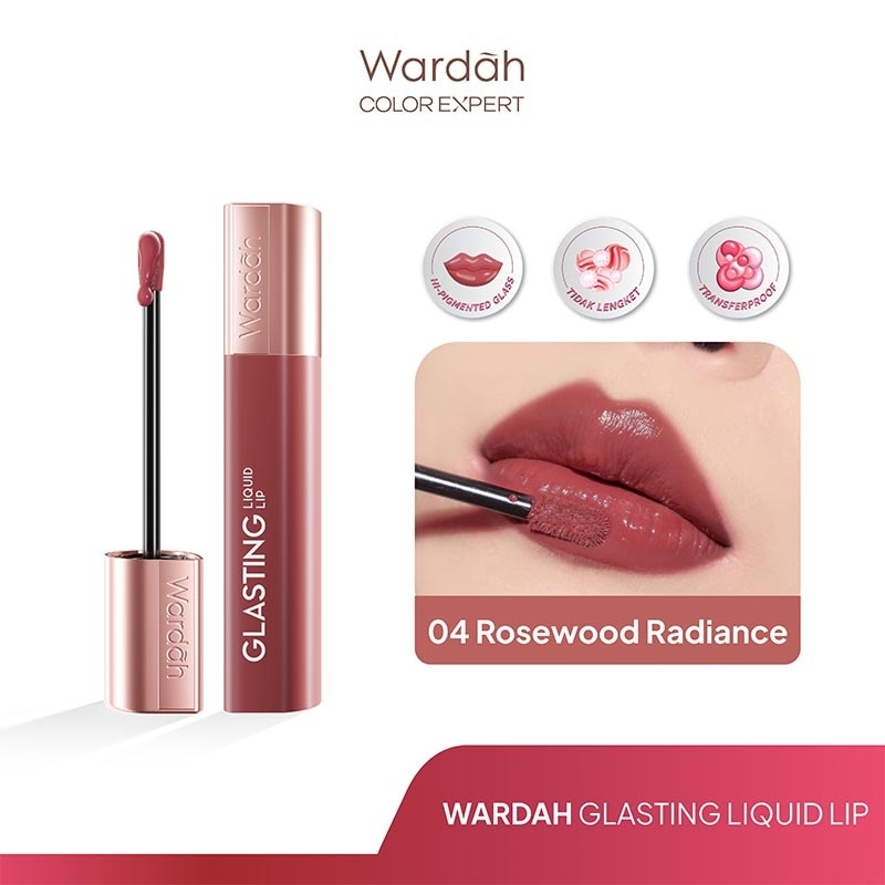 WARDAH Glasting Liquid Lip 04 Rosewood Radiance 3.5g - Hi-Pigmented Glass Color, Ringan, Tidak Lengket, Transferproof