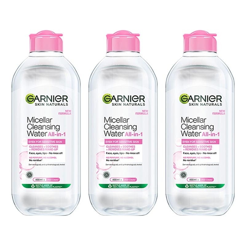 (PAKET HEMAT ISI 3) Garnier Micellar Cleansing Water Pink - 400 ml - (Skin Care Pembersih Wajah & Makeup Untuk Kulit Sensitif) - Make Up