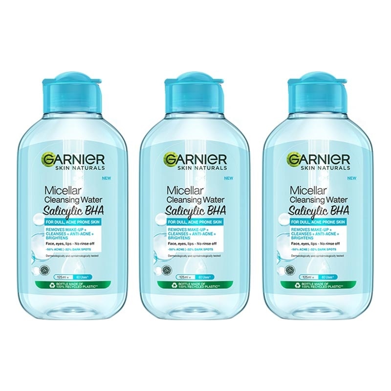 (PAKET HEMAT ISI 3) Garnier Micellar Water Salicylic Blue - 125 ml - (Skincare Pembersih Wajah & Makeup Kulit Berminyak Rentan Berjerawat)