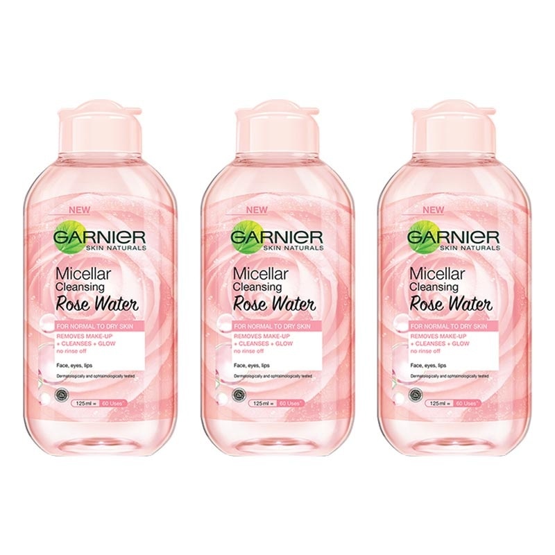 (PAKET HEMAT ISI 3) Garnier Micellar Rose Water Clean & Glow - 125 ml - (Skincare Pembersih Wajah Kulit Glowing)