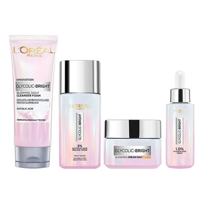 L'OREAL L’Oreal Paris Glycolic Bright Glowing Skincare Set - Facial Wash 50 ml, Serum 15 ml, Moisturizer 15 ml, AHA Glycolic Acid Peeling 15 ml - (4 Pcs Skincare Kit Untuk Mencerahkan)