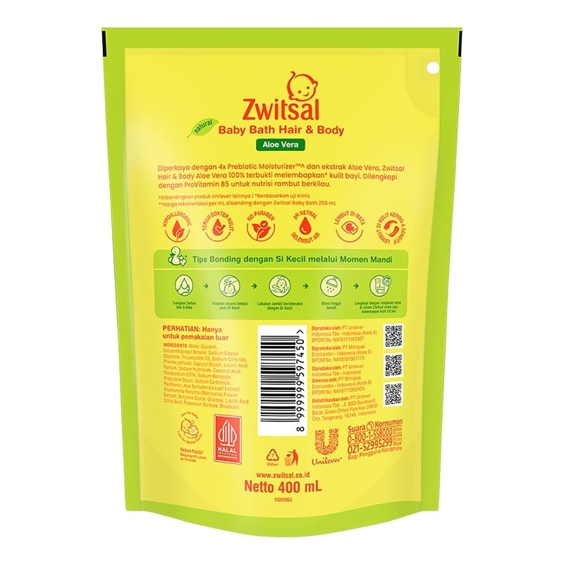 Zwitsal Baby Hair & Body Bath Aloe Vera Pouch 400ml