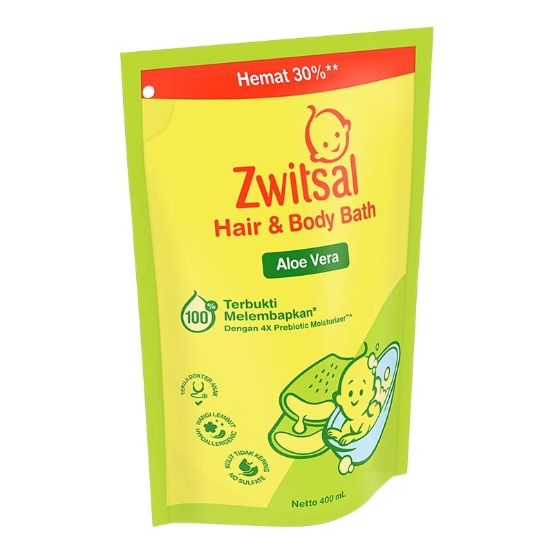 Zwitsal Baby Hair & Body Bath Aloe Vera Pouch 400ml