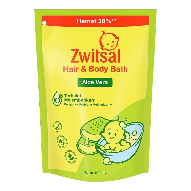 Zwitsal Baby Hair & Body Bath Aloe Vera Pouch 400ml