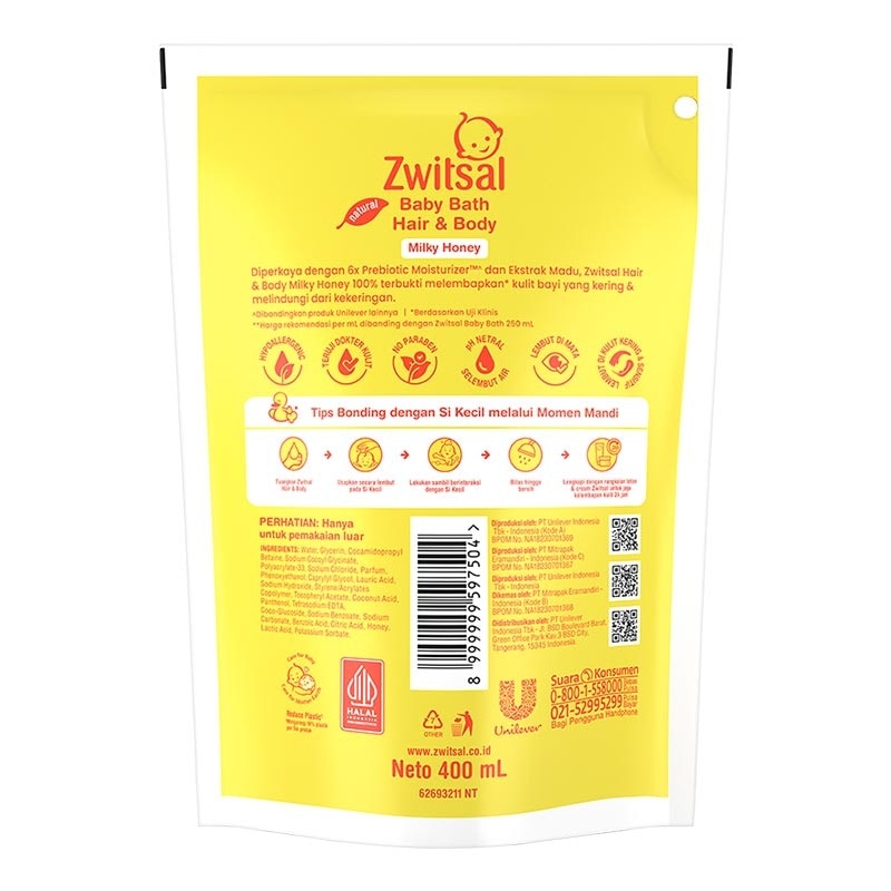 Zwitsal Baby Hair & Body Bath Milky Honey Pouch 400ml