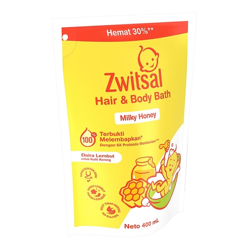 Zwitsal Baby Hair & Body Bath Milky Honey Pouch 400ml