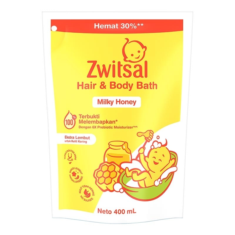 Zwitsal Baby Hair & Body Bath Milky Honey Pouch 400ml