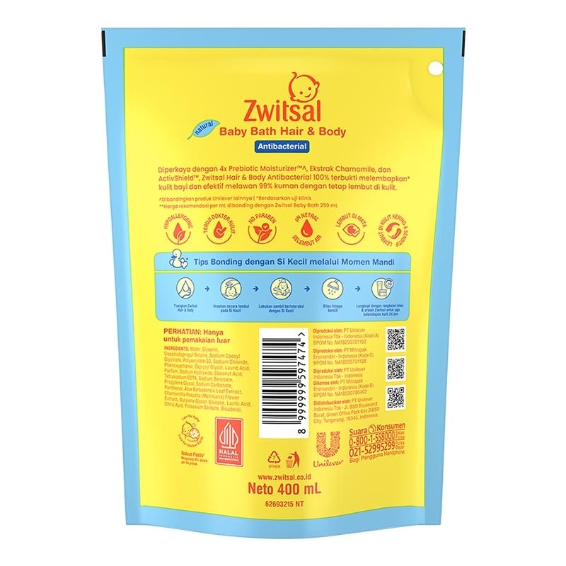 Zwitsal Baby Hair & Body Bath Antibacterial Pouch 400ml