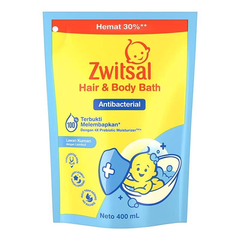 Zwitsal Baby Hair & Body Bath Antibacterial Pouch 400ml