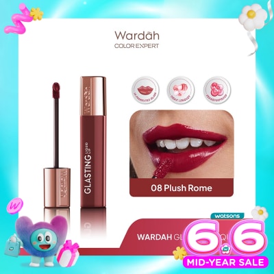 WARDAH - Glasting Liquid Lip 08 Plush Pome 3.5g - Hi-Pigmented Glass Color, Ringan, Tidak Lengket, Transferproof