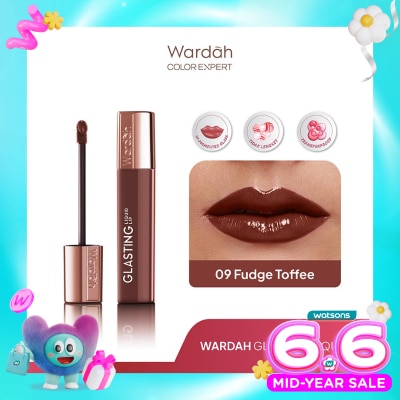 WARDAH - Glasting Liquid Lip 09 Fudgy Toffee 3.5g - Hi-Pigmented Glass Color, Ringan, Tidak Lengket, Transferproof