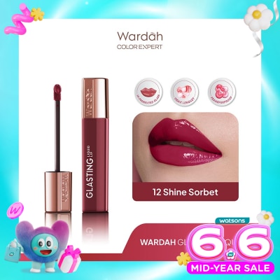 WARDAH - Glasting Liquid Lip 12 Shine Sorbet 3.5g - Hi-Pigmented Glass Color, Ringan, Tidak Lengket, Transferproof