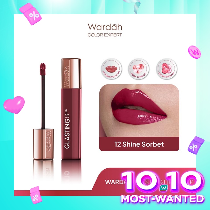 Glasting Liquid Lip 12 Shine Sorbet 3.5g - Hi-Pigmented Glass Color, Ringan, Tidak Lengket, Transferproof